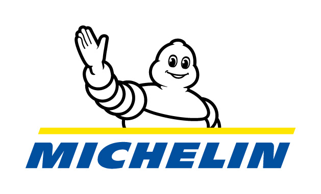 Michelin logo with michelin man waving blue text